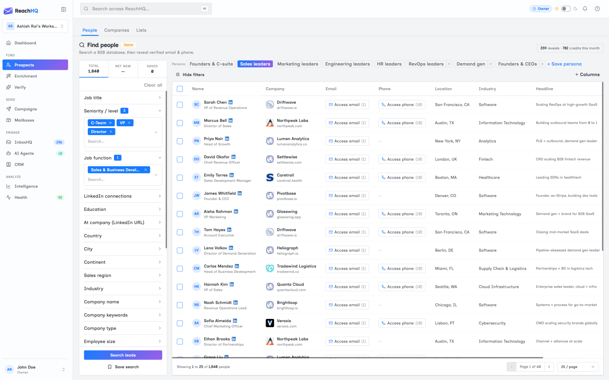 ReachHQ prospecting — search 450M+ verified B2B contacts and reveal work emails with no credits.